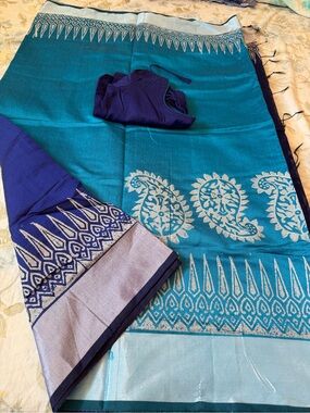 Blue zamdani look alike cotton Saree with ready made blouse